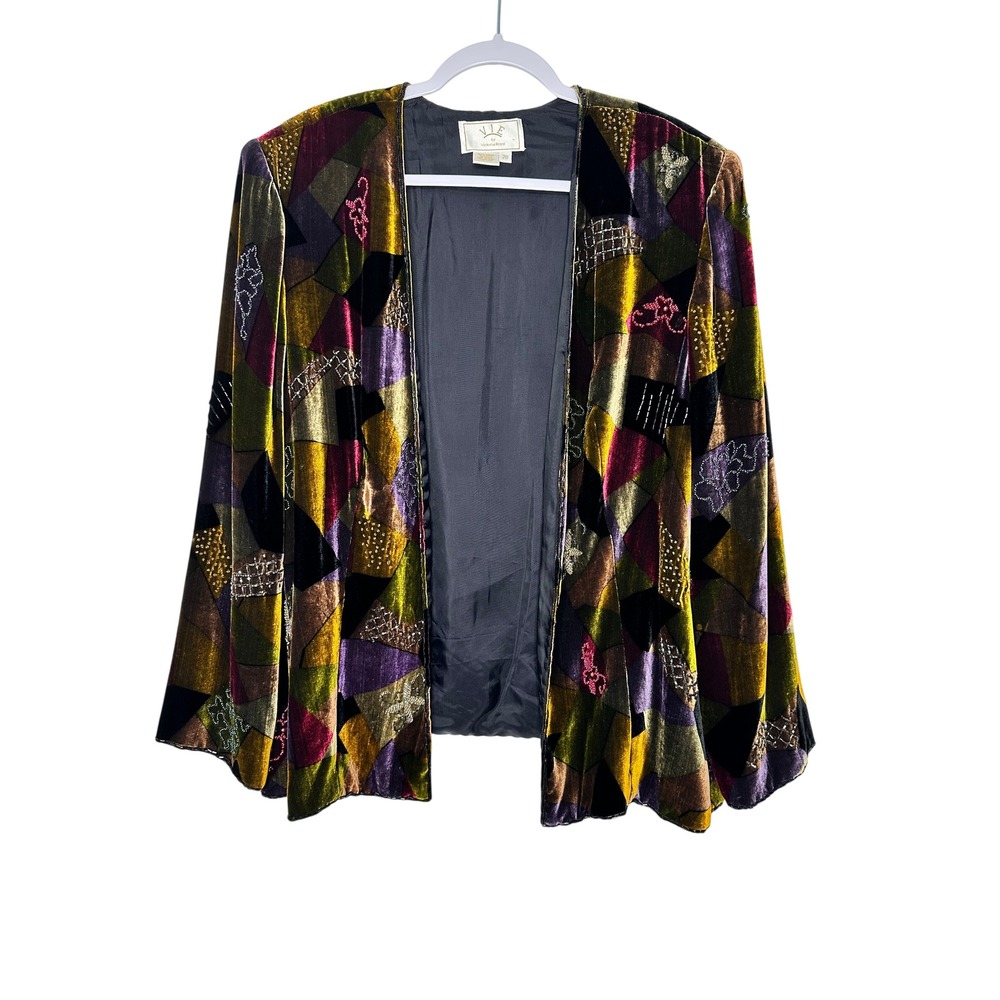 Vie Victoria Royal Velvet Jacket Size 20 Multicolor Beaded Geometric Open Front